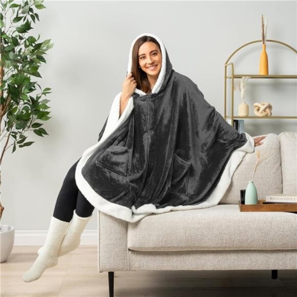 Wearable Blanket for Adult Women,Cozy Plush Fleece Blanket Poncho Cape with Hood - Picture 3 of 7